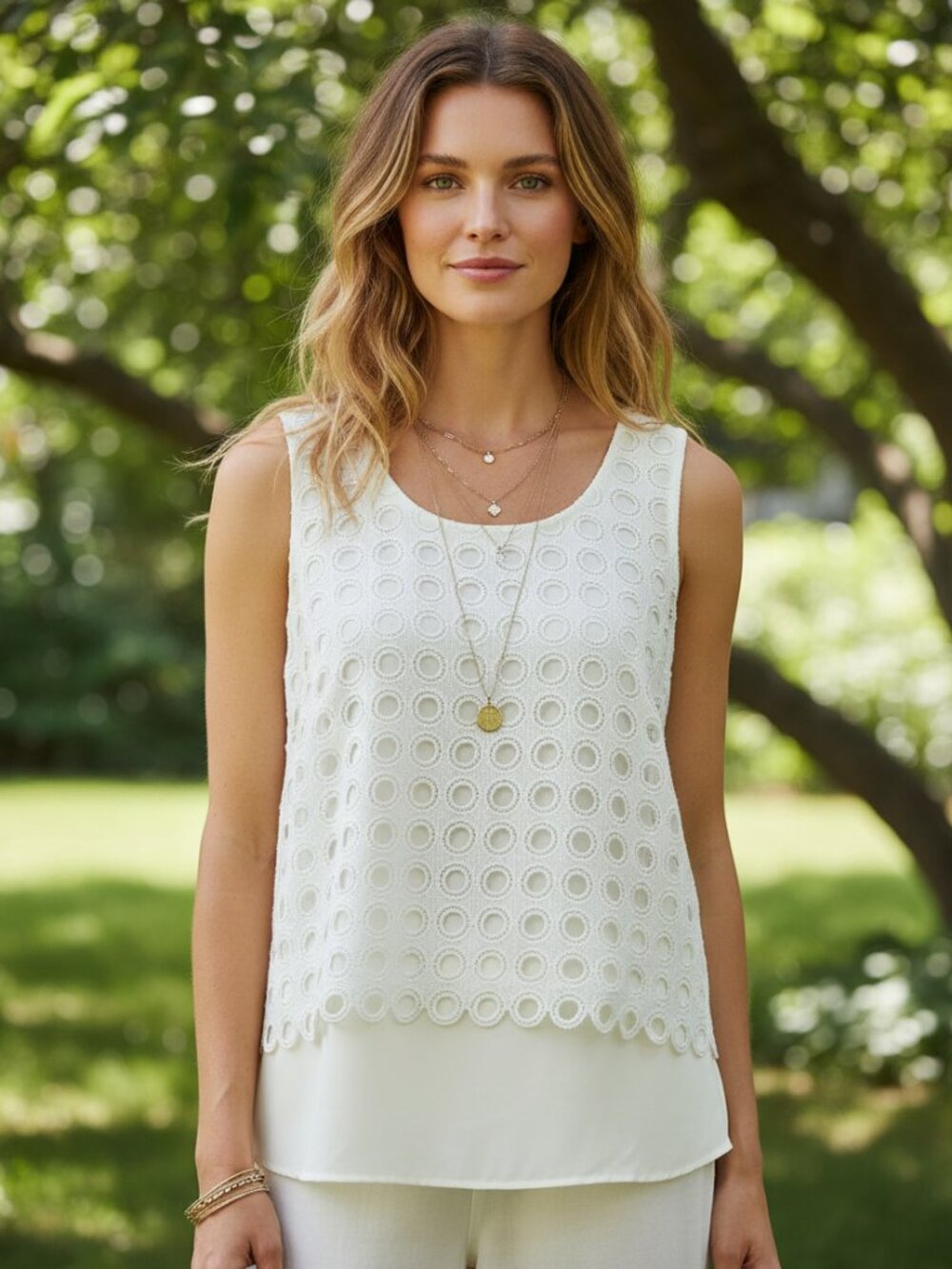 Ann Taylor LP Top Lace Overlay Cream Ivory Sleeveless Office Siren Boho Cottage‎